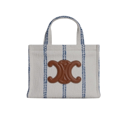 CE SMALL CABAS THAIS IN STRIPED TEXTILE AND CALFSKIN XHITE/BLUE 25CM 199162EYI01BB