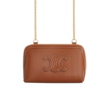 CE CLUTCH ON CHAIN CUIR TRIOMPHE IN TEXTILE AND CALFSKIN BROWN 17CM 10E383DR8 04LU