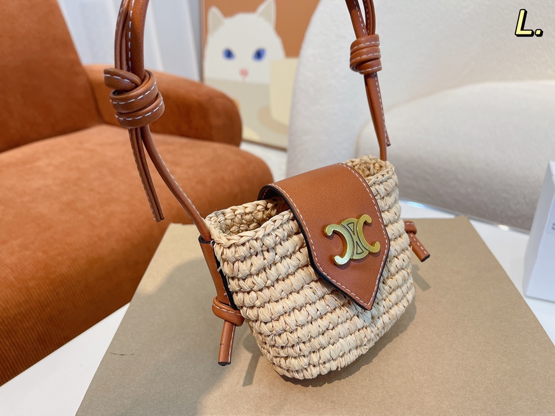 CE CROSSBODY AIRPODS PANIER IN RAFFIA AND CALFSKIN TAN 11CM
