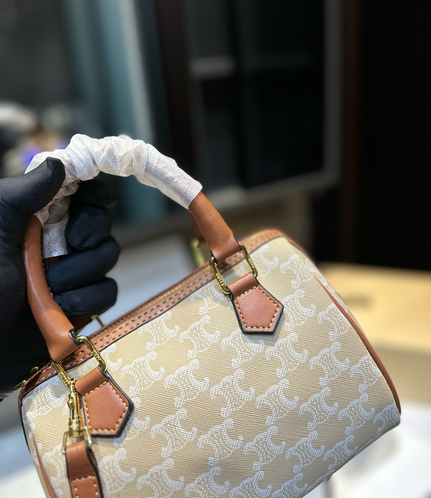 CE SMALL BOSTON CUIR TRIOMPHE IN TRIOMPHE CANVAS AND CALFSKIN GREGE 19CM  113772FLC 02GR