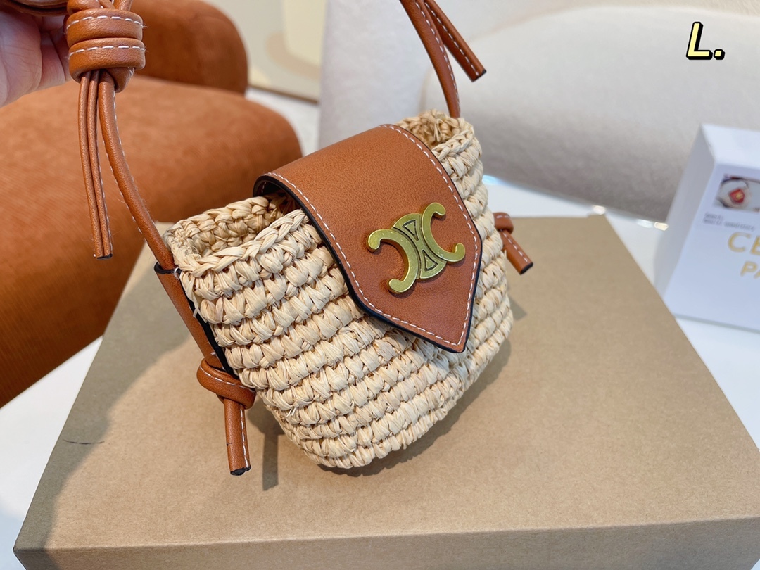 CE CROSSBODY AIRPODS PANIER IN RAFFIA AND CALFSKIN TAN 11CM