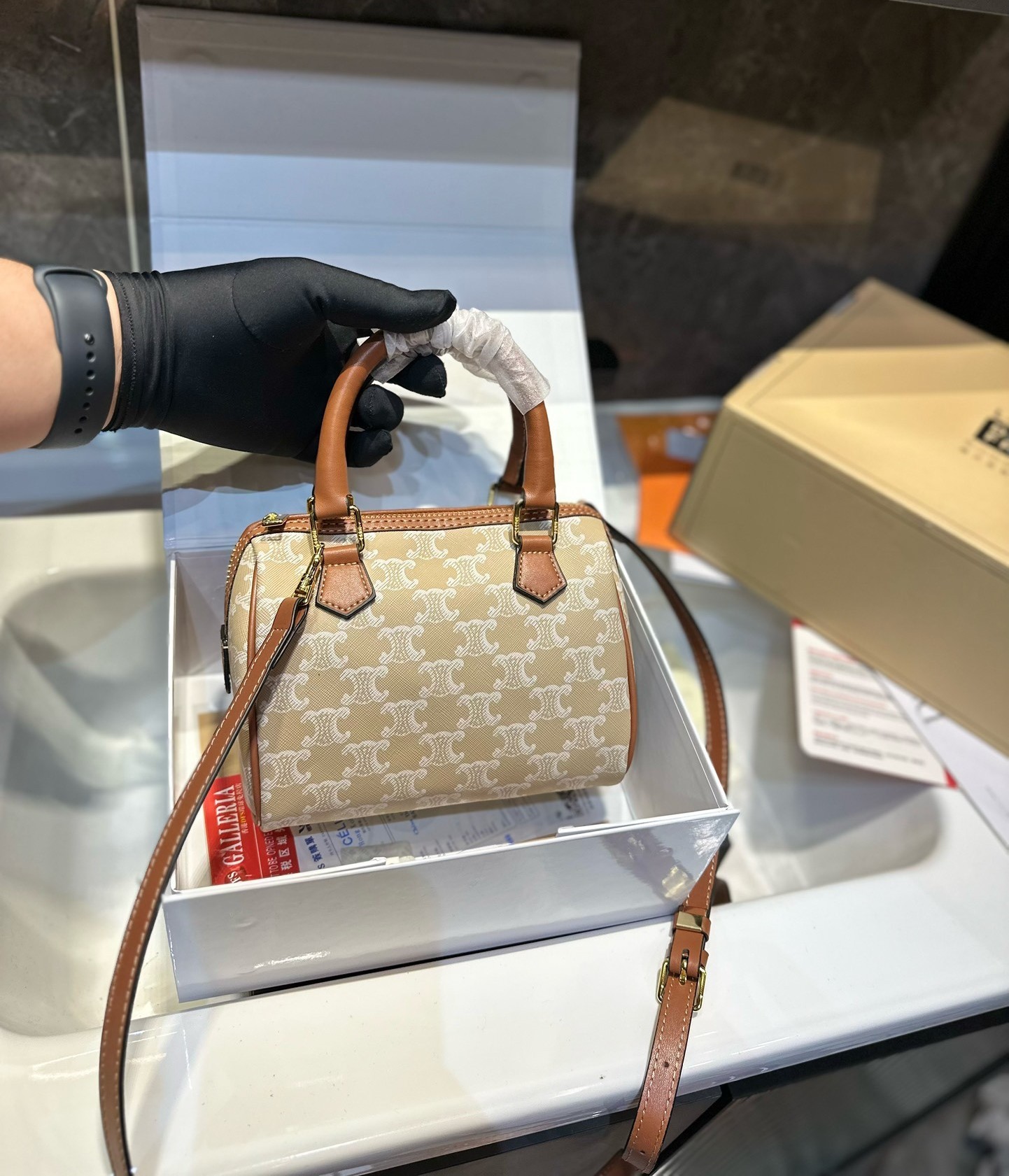 CE SMALL BOSTON CUIR TRIOMPHE IN TRIOMPHE CANVAS AND CALFSKIN GREGE 19CM  113772FLC 02GR