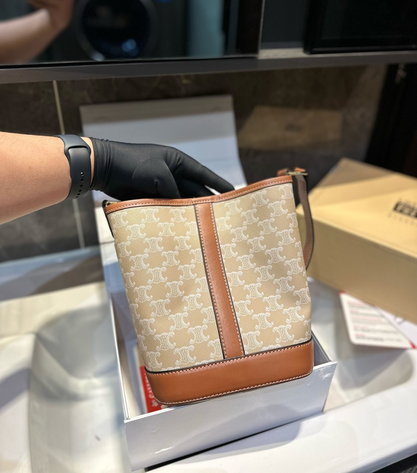 CE SMALL BUCKET CUIR TRIOMPHE IN TRIOMPHE CANVAS AND CALFSKIN GREGE 22CM 191442FLC 02GR