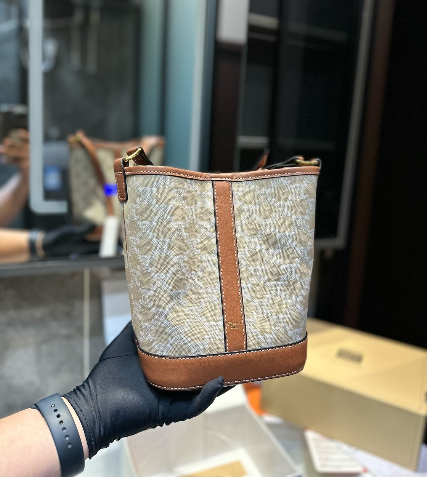 CE SMALL BUCKET CUIR TRIOMPHE IN TRIOMPHE CANVAS AND CALFSKIN GREGE 22CM 191442FLC 02GR