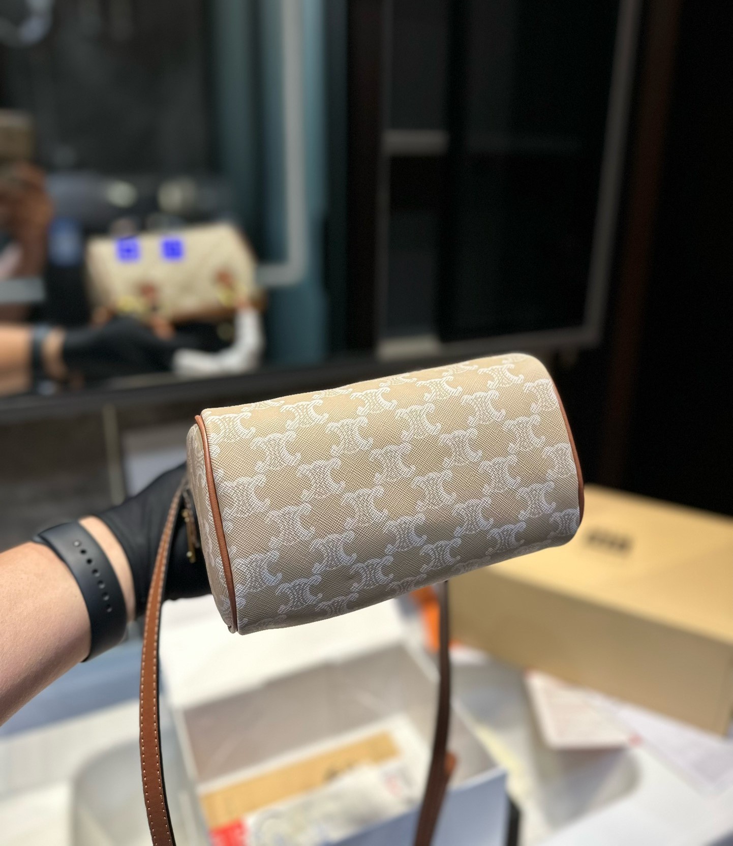 CE SMALL BOSTON CUIR TRIOMPHE IN TRIOMPHE CANVAS AND CALFSKIN GREGE 19CM  113772FLC 02GR