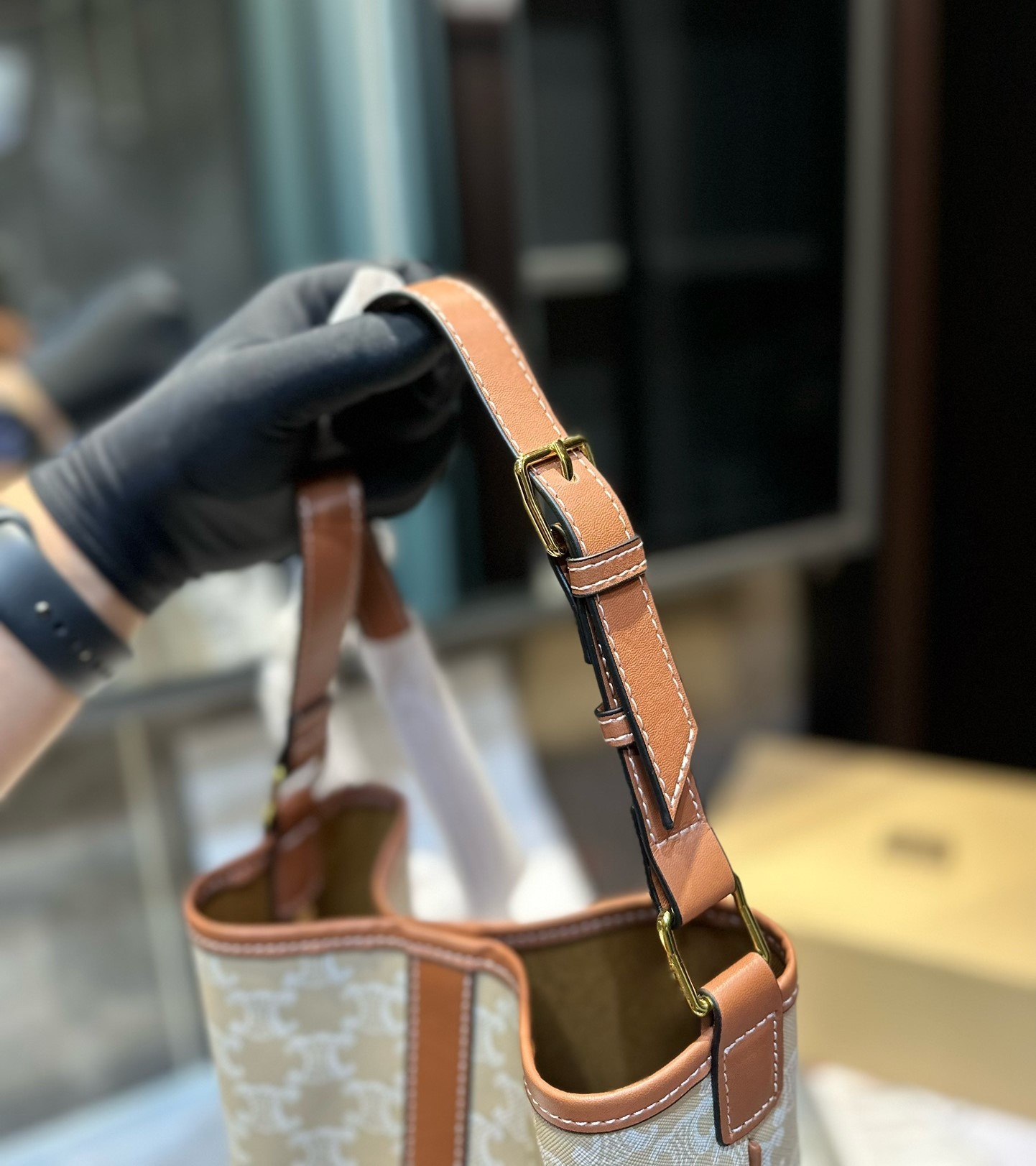 CE SMALL BUCKET CUIR TRIOMPHE IN TRIOMPHE CANVAS AND CALFSKIN GREGE 22CM 191442FLC 02GR