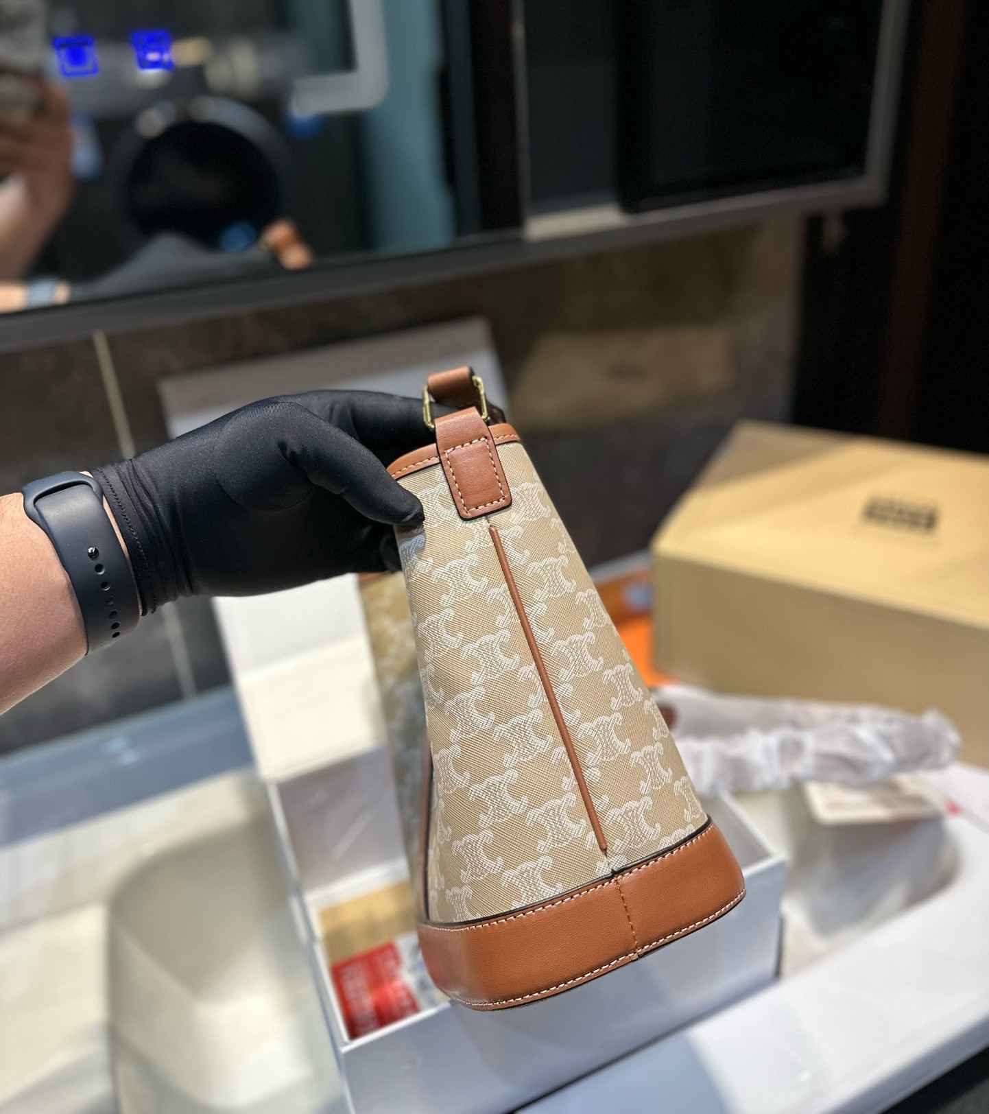 CE SMALL BUCKET CUIR TRIOMPHE IN TRIOMPHE CANVAS AND CALFSKIN GREGE 22CM 191442FLC 02GR