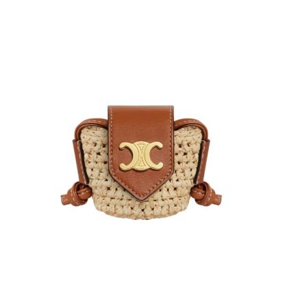 CE CROSSBODY AIRPODS PANIER IN RAFFIA AND CALFSKIN TAN 11CM