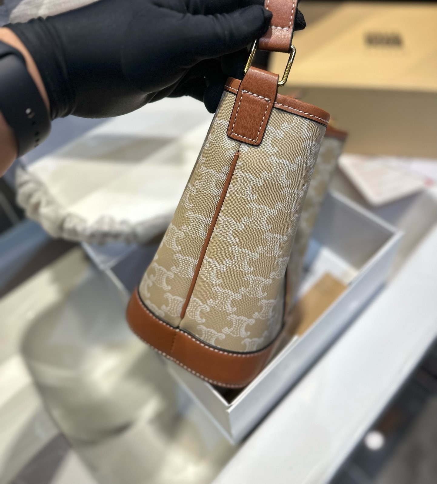 CE SMALL BUCKET CUIR TRIOMPHE IN TRIOMPHE CANVAS AND CALFSKIN GREGE 22CM 191442FLC 02GR