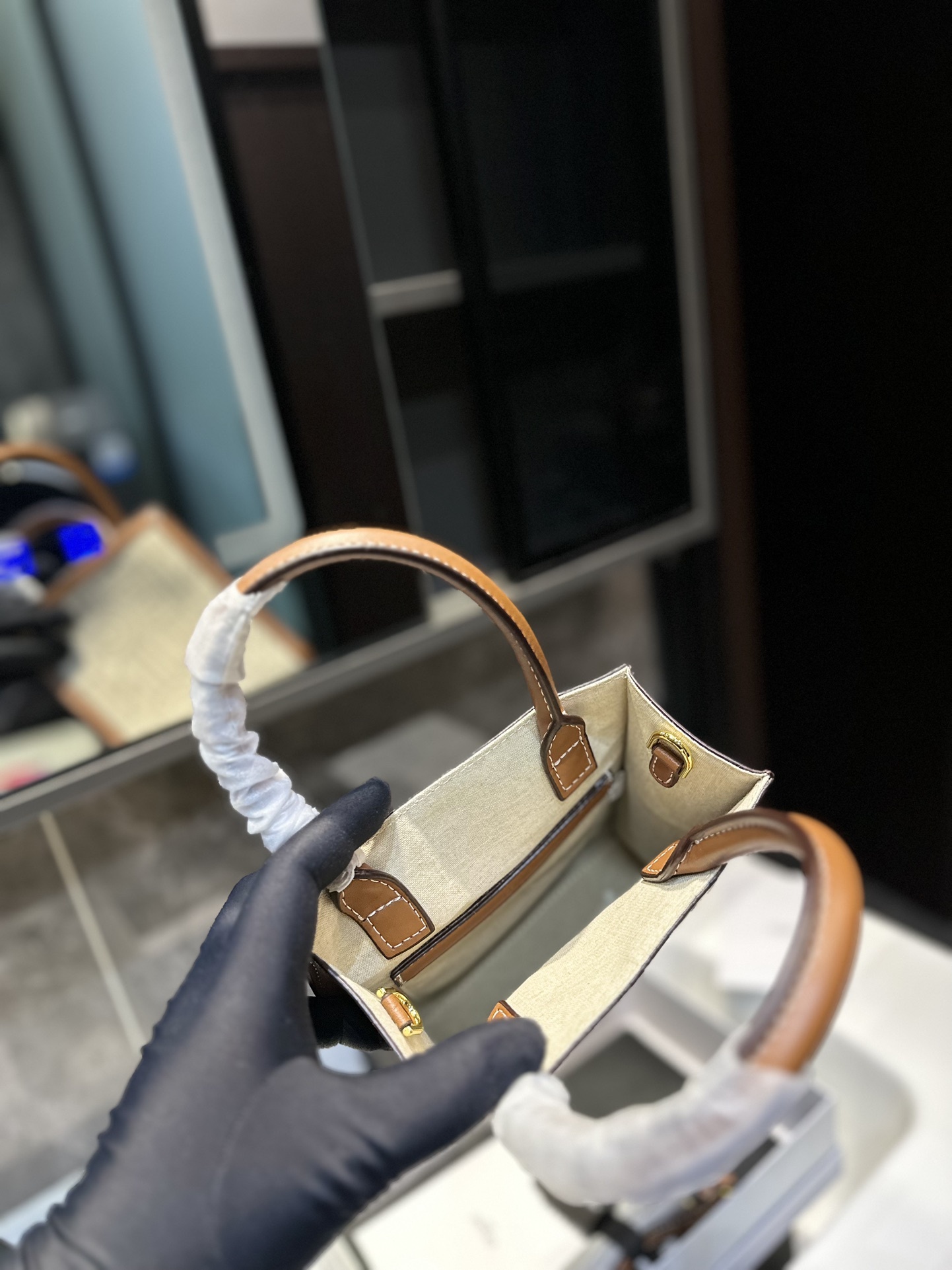 CE MINI VERTICAL CABAS CE IN TEXTILE WITH CE ALL OVER PRINT NATURAL TAN 21CM 193302EUK 02NT