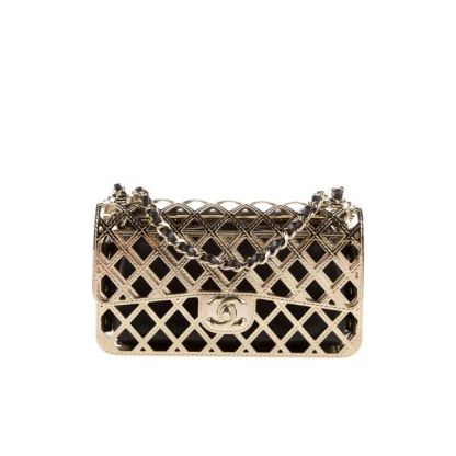 CC METALLIC DIAMOND LINED BLACK LEATHER CHAIN FLAP BAG GOLD 18CM AS2514 B05552 NC533