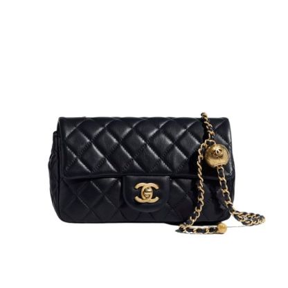 CC QUILTED MINI CC RECTANGULAR PEARL CRUSH FLAP BAG BLACK 20CM
