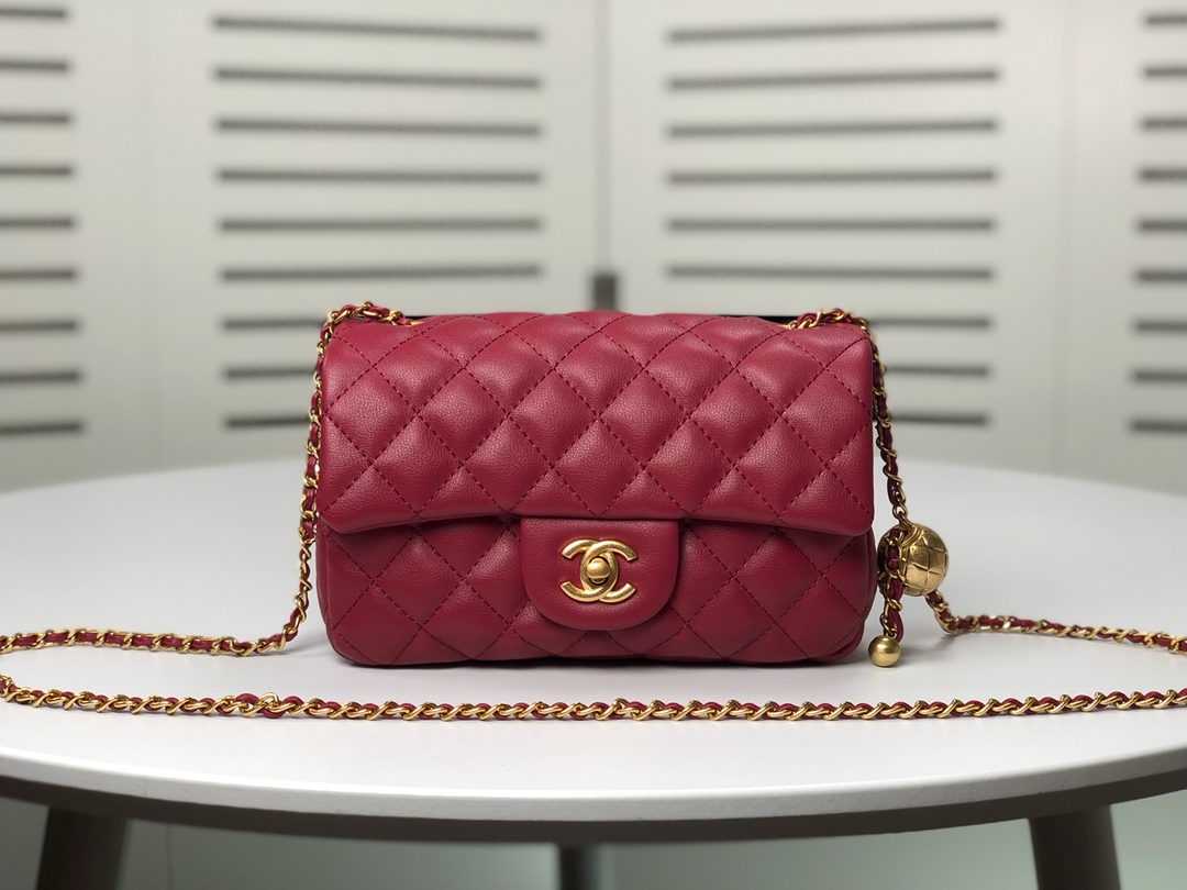 CC QUILTED MINI CC RECTANGULAR PEARL CRUSH FLAP BAG RED 20CM