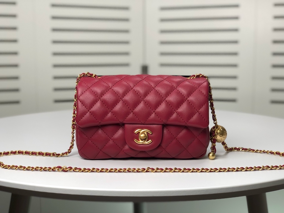 CC QUILTED MINI CC RECTANGULAR PEARL CRUSH FLAP BAG RED 20CM