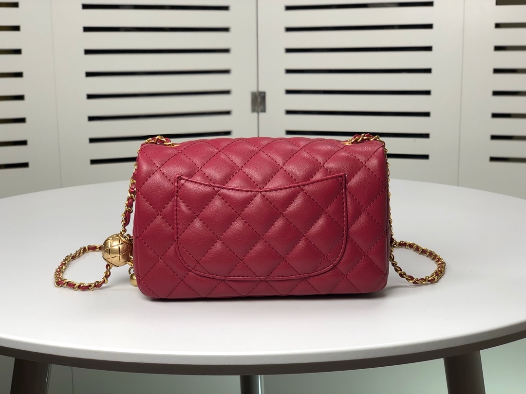 CC QUILTED MINI CC RECTANGULAR PEARL CRUSH FLAP BAG RED 20CM