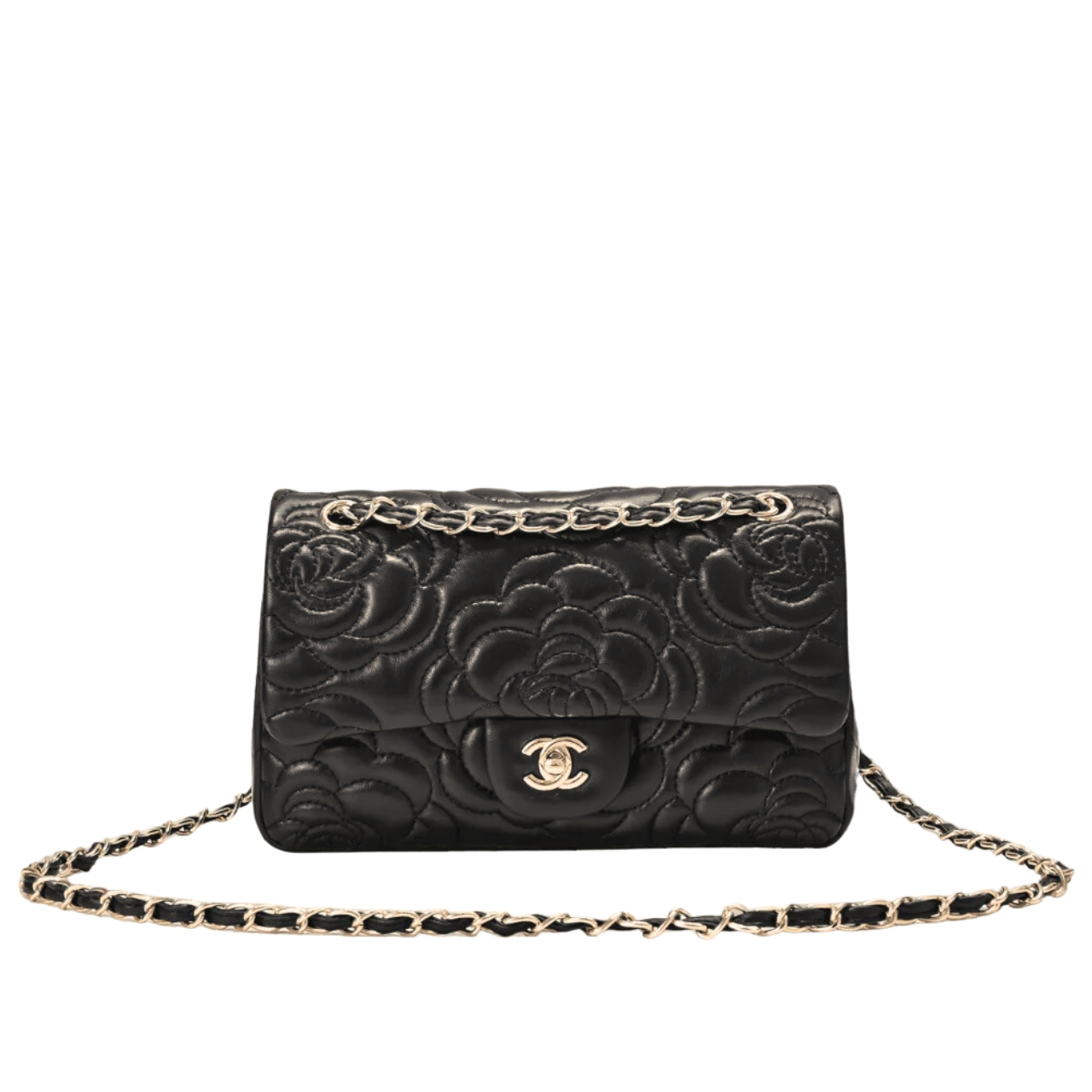 CC FLAP BAG WITH CAMELLIA FLOWER CHAIN BLACK 26CM