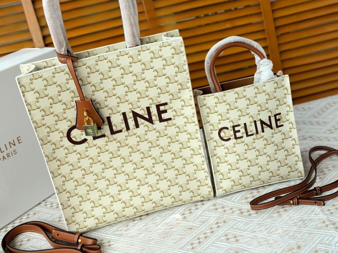 CE MINI VERTICAL CABAS IN TRIOMPHE CANVAS AND CALFSKIN WITH CE PRINT WHITE 21CM