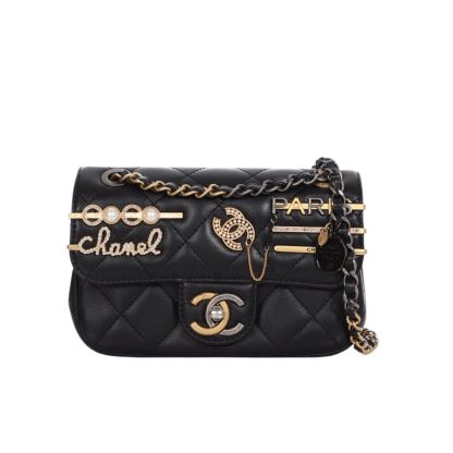 CC QUILTED LAMBSKIN MINI COCO CLIPS FLAP GOLD AND RUTHENIUM HARDWARE BLACK 20CM