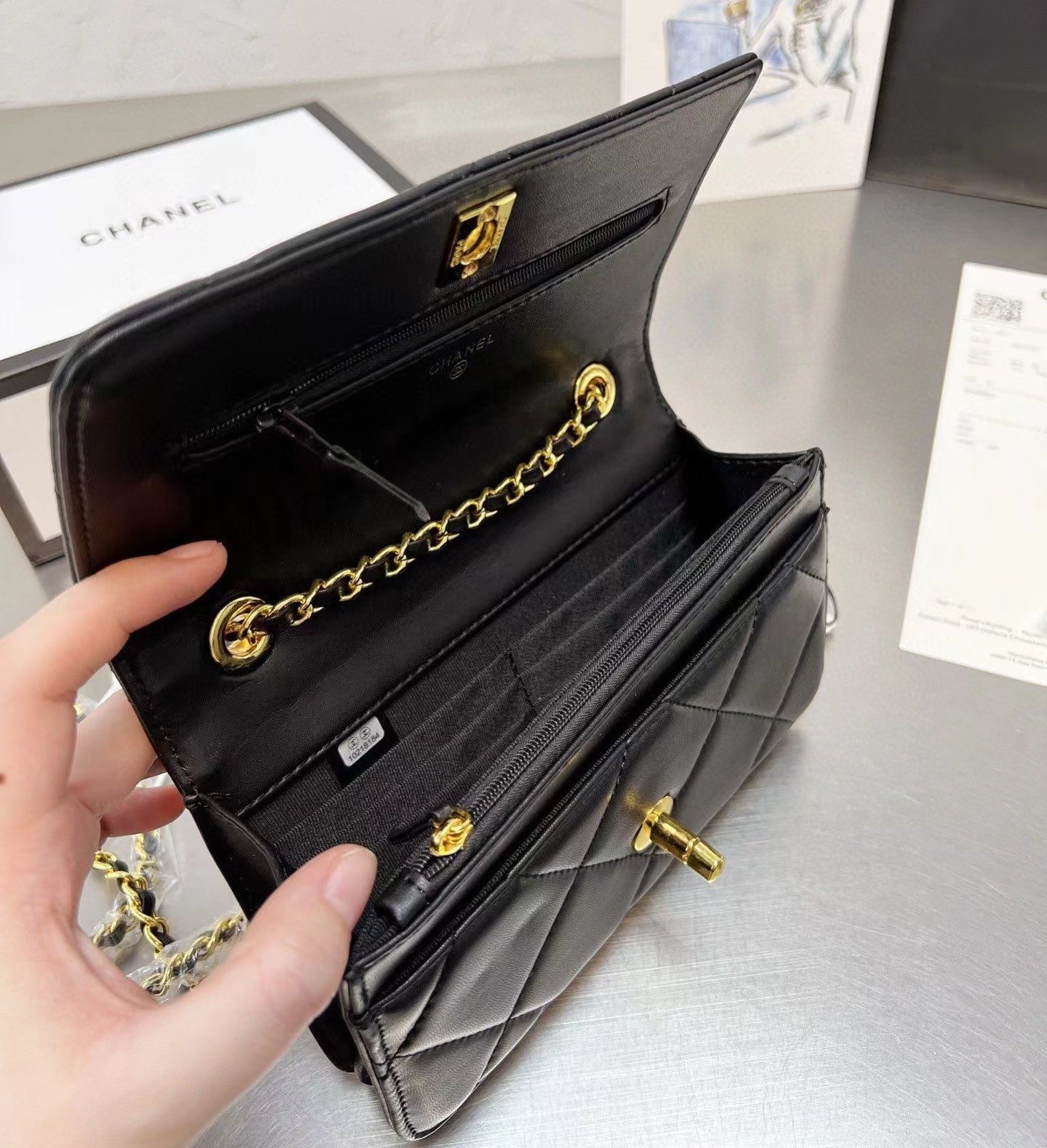 CC LAMBSKIN QUILTED TRENDY CC WALLET ON CHAIN WOC BLACK 19CM