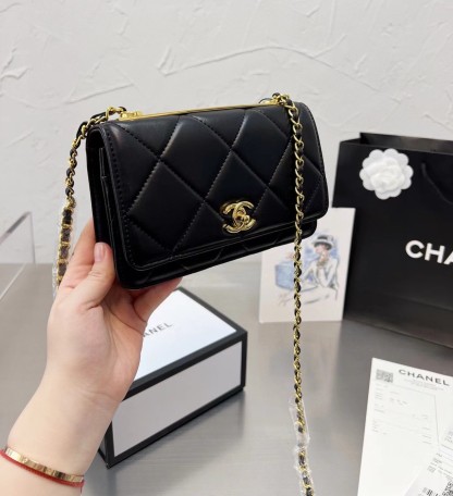CC LAMBSKIN QUILTED TRENDY CC WALLET ON CHAIN WOC BLACK 19CM