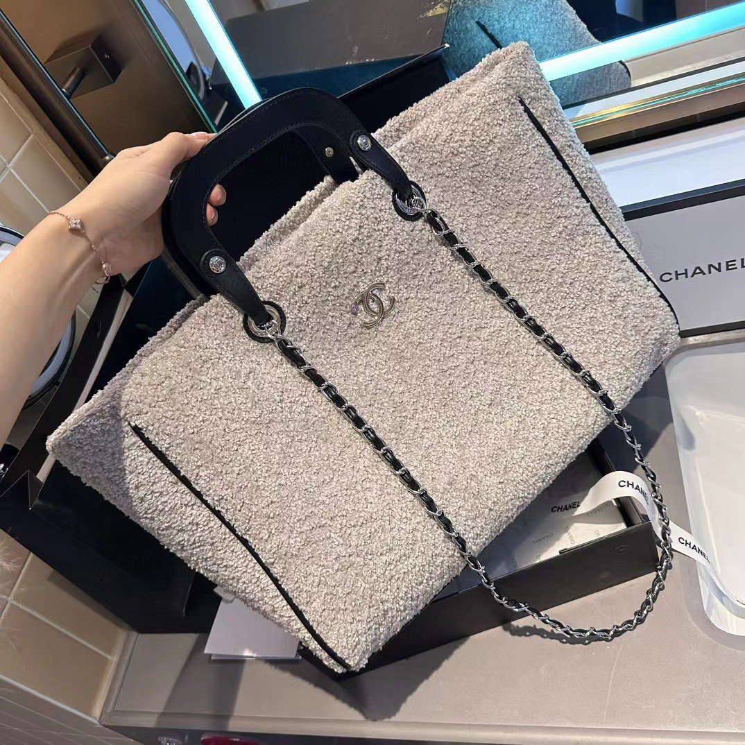 CC DEAUVILLE LARGE TOTE SHOPPING BAG CRUMPLED SHEARLING GREY 40CM