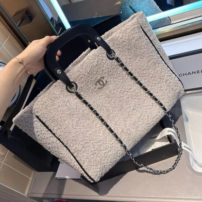 CC DEAUVILLE LARGE TOTE SHOPPING BAG CRUMPLED SHEARLING GREY 40CM