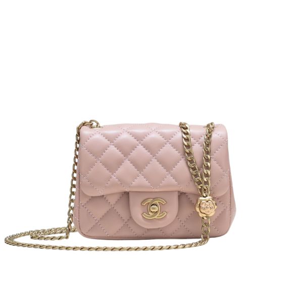 CC MINI FLAP BAG WITH FLOWER CHAIN BEIGE 18CM