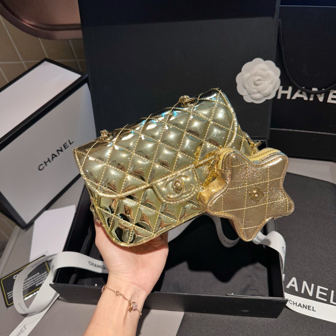 CC MINI FLAP BAG STAR COIN PURSE YELLOW GOLD 24CM AS4646 B14873 NT671