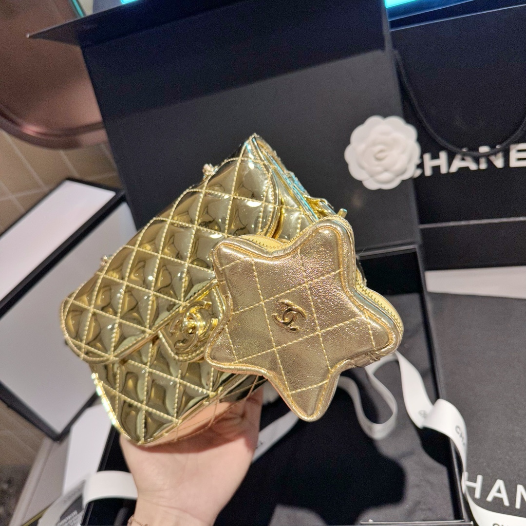 CC MINI FLAP BAG STAR COIN PURSE YELLOW GOLD 24CM AS4646 B14873 NT671