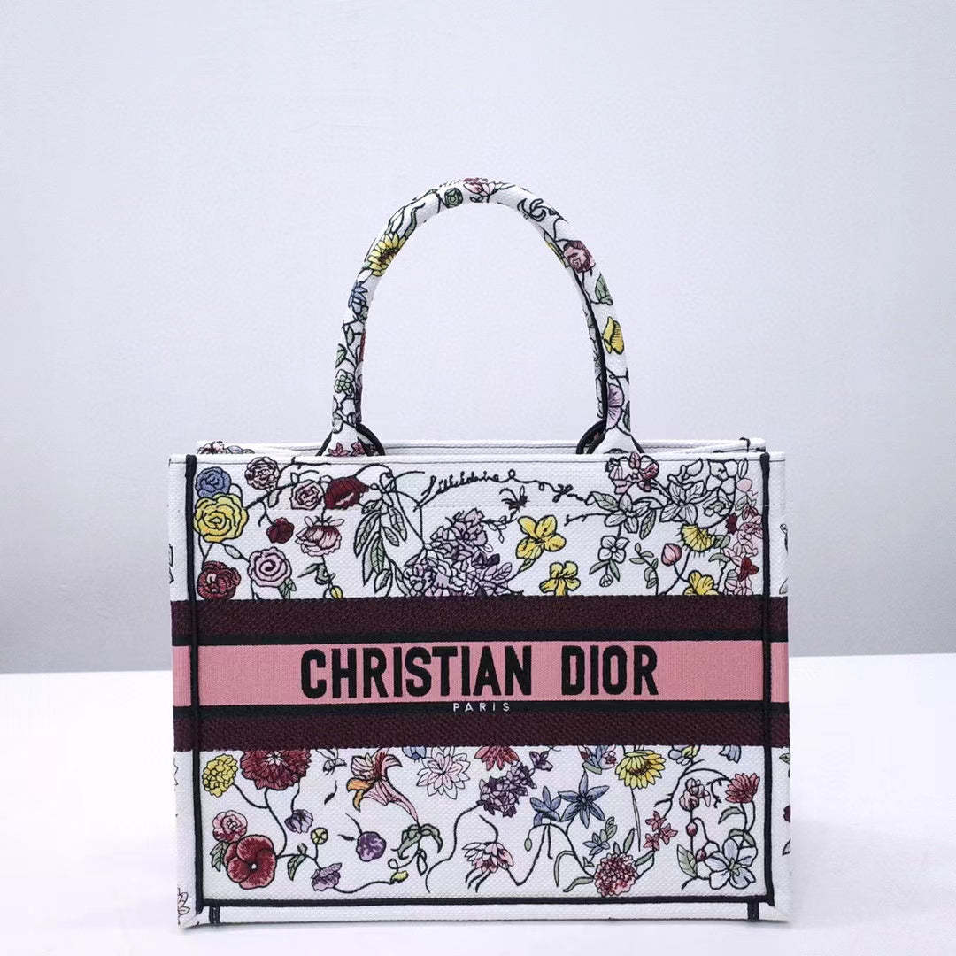 DIR 1286 Book Tote bag size 36.5cm 41.5cm Embroidery LOGO Handbag pink yellow flower