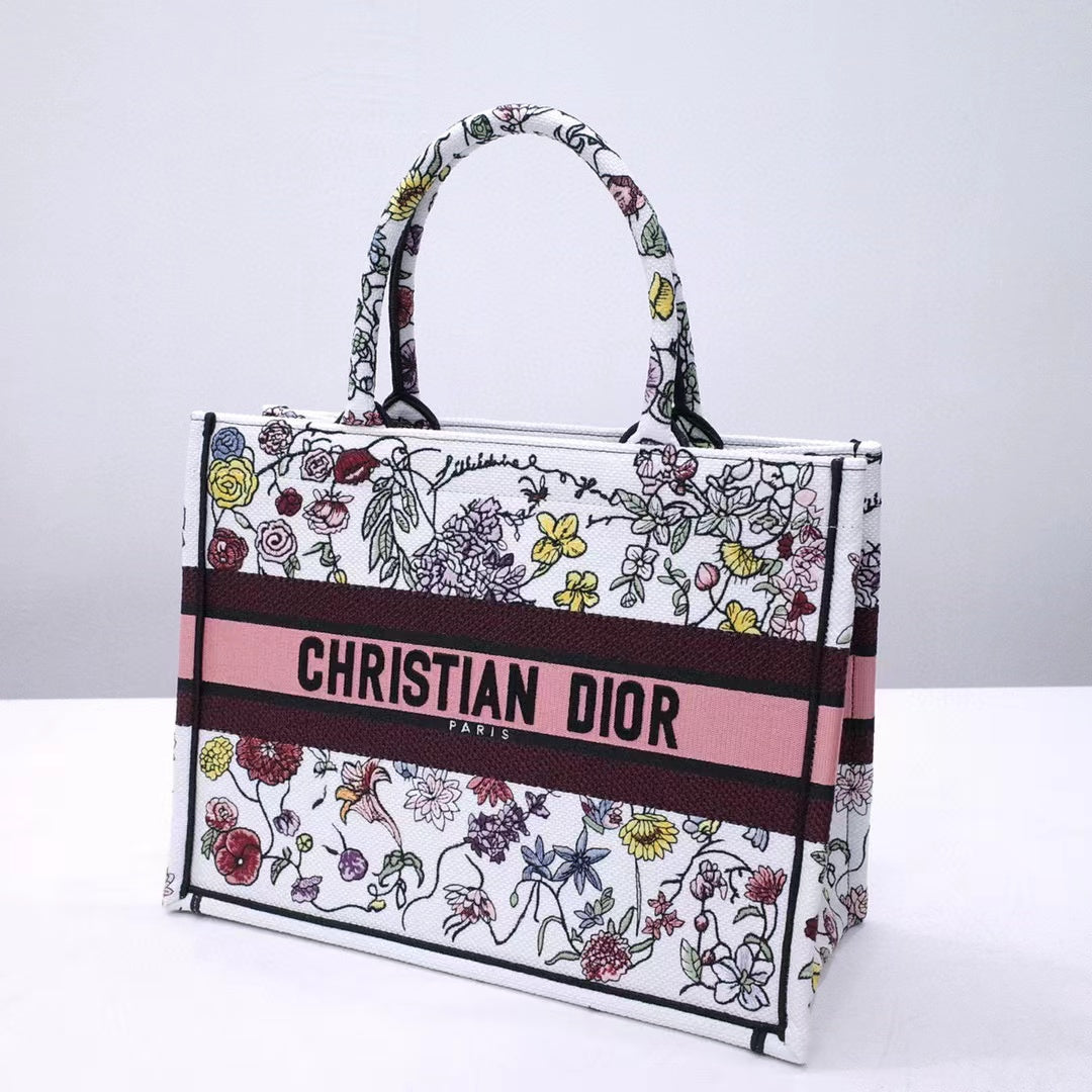 DIR 1286 Book Tote bag size 36.5cm 41.5cm Embroidery LOGO Handbag pink yellow flower