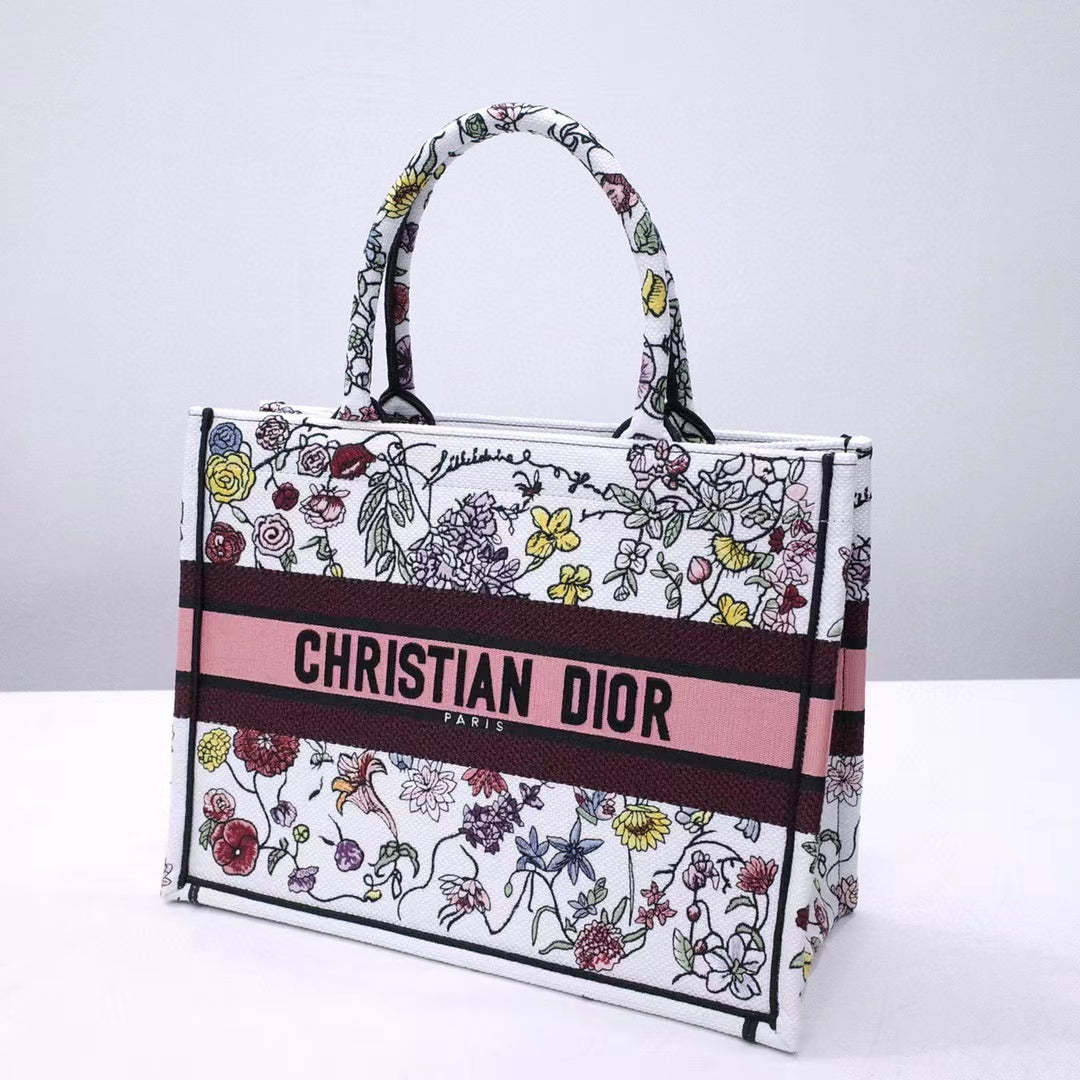 DIR 1286 Book Tote bag size 36.5cm 41.5cm Embroidery LOGO Handbag pink yellow flower