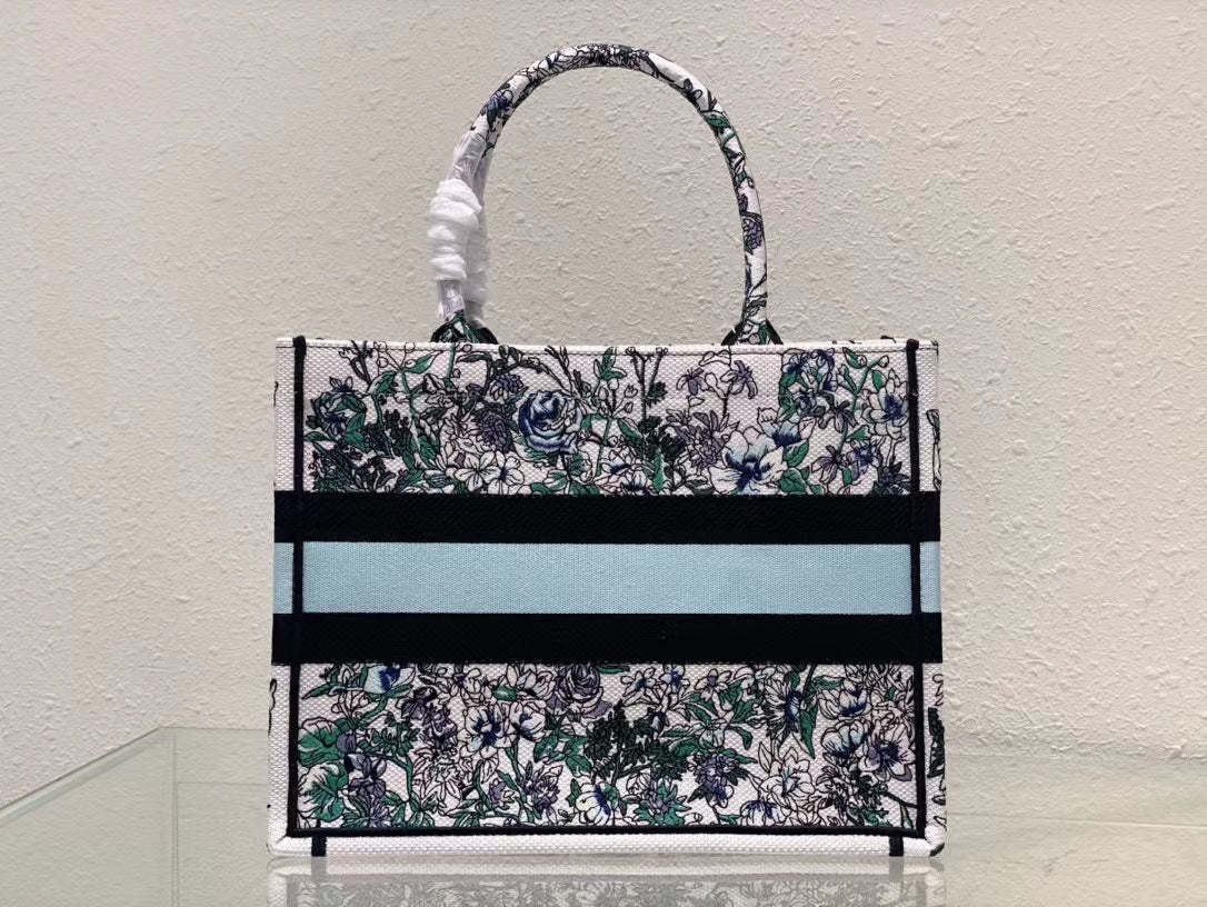 DO1286 Book Tote bag size 36.5cm 41.5cm Embroidery LOGO Handbag green blue flower