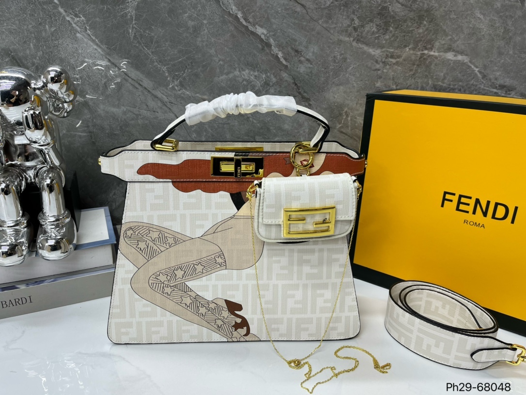 FD PEEKABOO ISEEU MEDIUM BAG WHITE AND BROWN 24CM