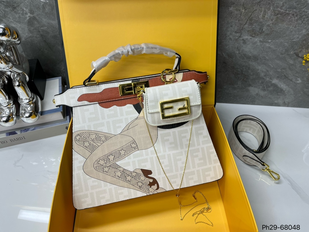 FD PEEKABOO ISEEU MEDIUM BAG WHITE AND BROWN 24CM