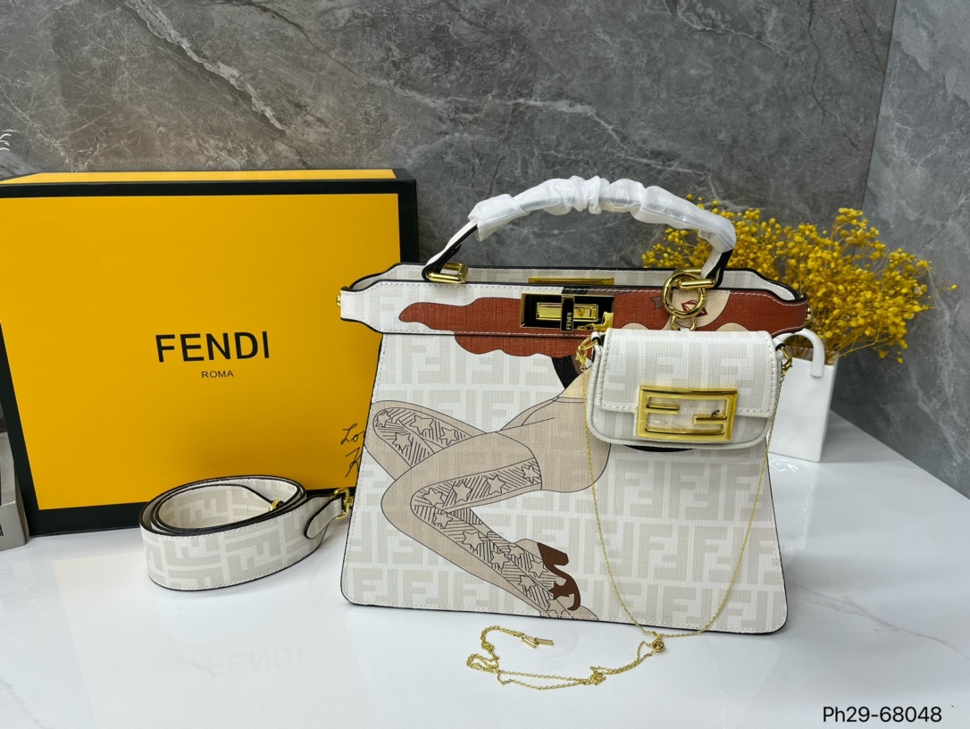 FD PEEKABOO ISEEU MEDIUM BAG WHITE AND BROWN 24CM