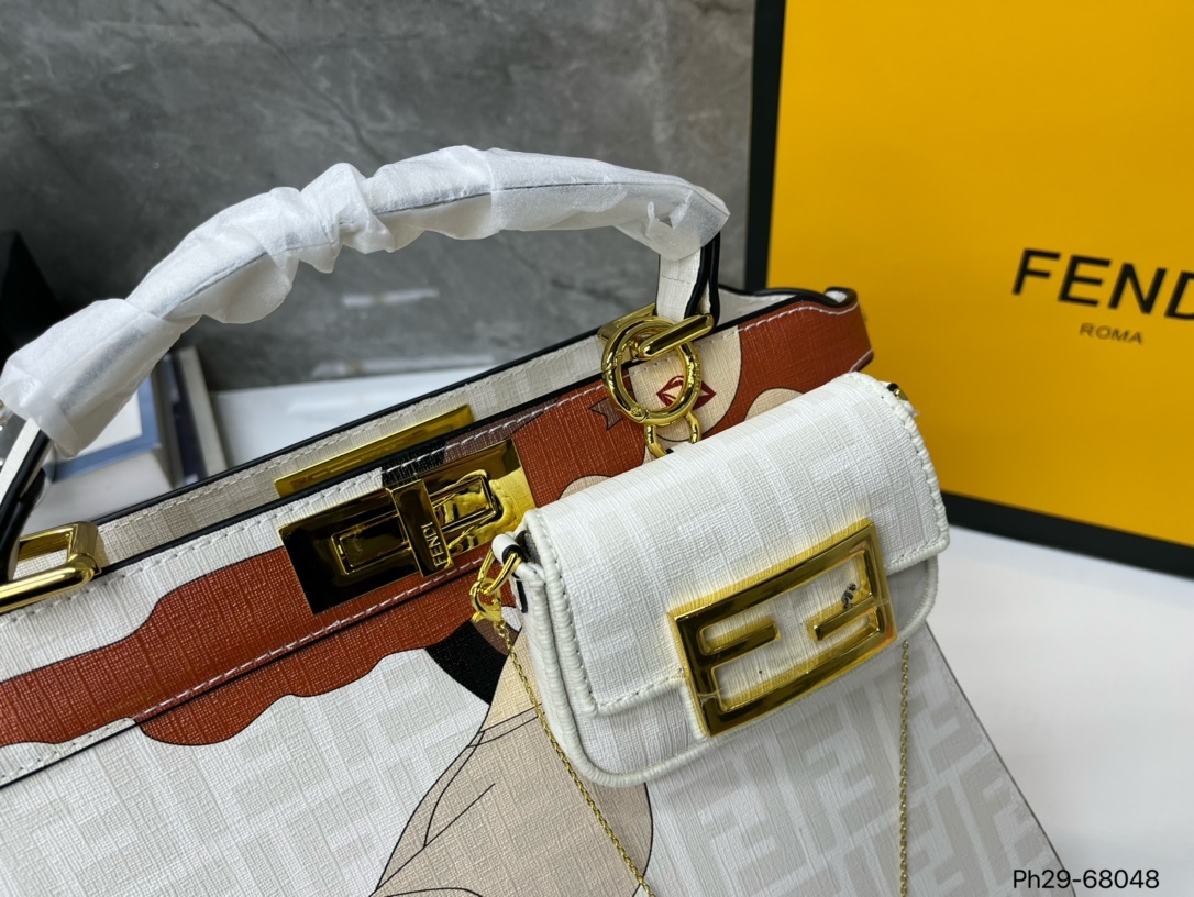 FD PEEKABOO ISEEU MEDIUM BAG WHITE AND BROWN 24CM