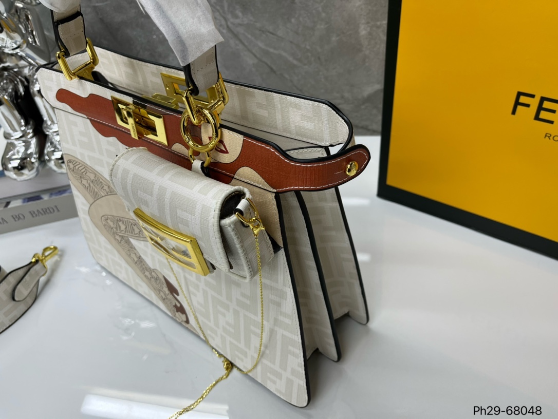 FD PEEKABOO ISEEU MEDIUM BAG WHITE AND BROWN 24CM