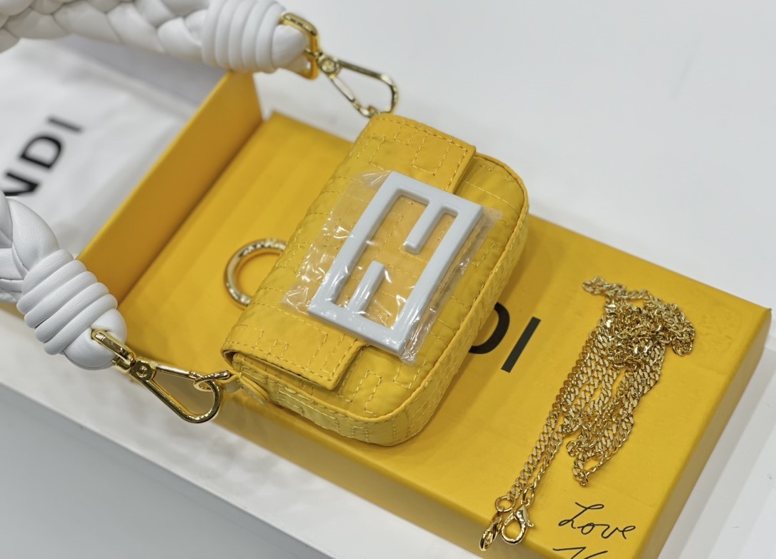 FD NYLON FF EMBROIDERED NANO BAGUETTE MAXI HANDLE CHARM YELLOW 10CM