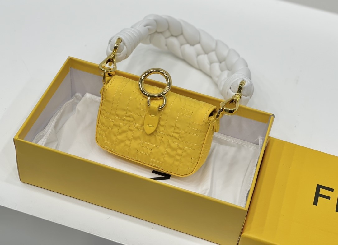 FD NYLON FF EMBROIDERED NANO BAGUETTE MAXI HANDLE CHARM YELLOW 10CM