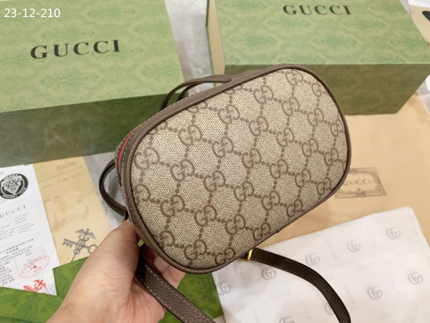 GG OPHIDIA SMALL GG BUCKET BAG BROWN 17CM ‎550621 96I3B 8745