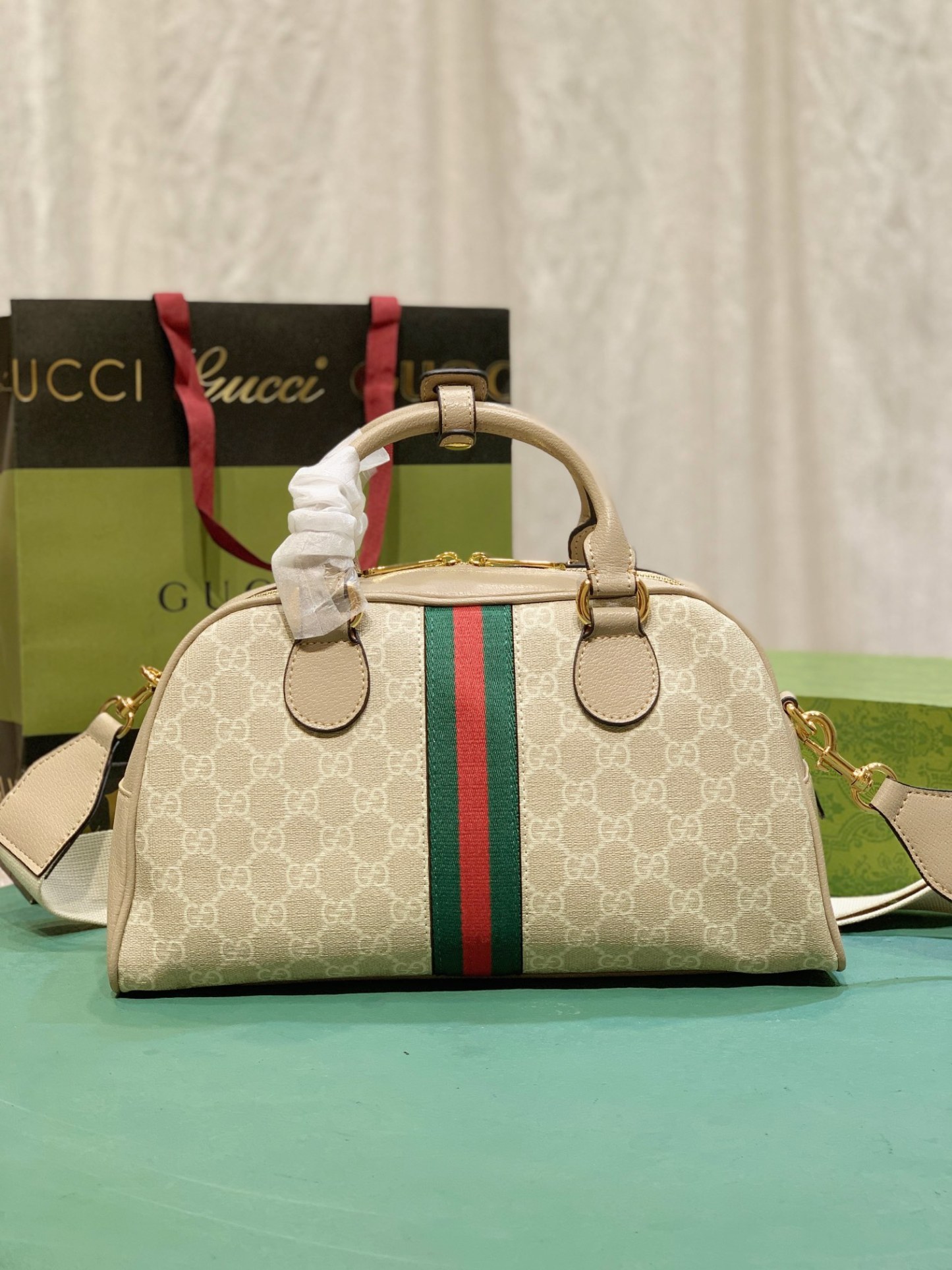 GG WOMEN'S METALLIC OPHIDIA GG TOP HANDLE BAG BEIGE AND WHITE 32CM 724606 FABEX 9642