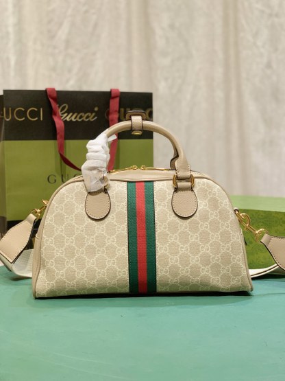 GG WOMEN'S METALLIC OPHIDIA GG TOP HANDLE BAG BEIGE AND WHITE 32CM 724606 FABEX 9642