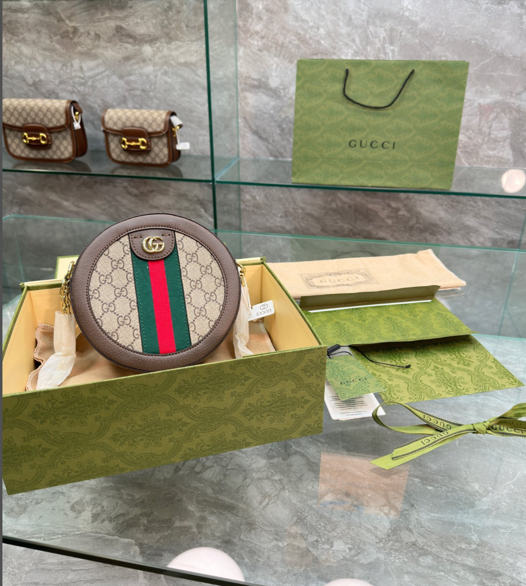 GG OPHIDIA MINI GG ROUND BAG BEIGE AND BROWN 20CM