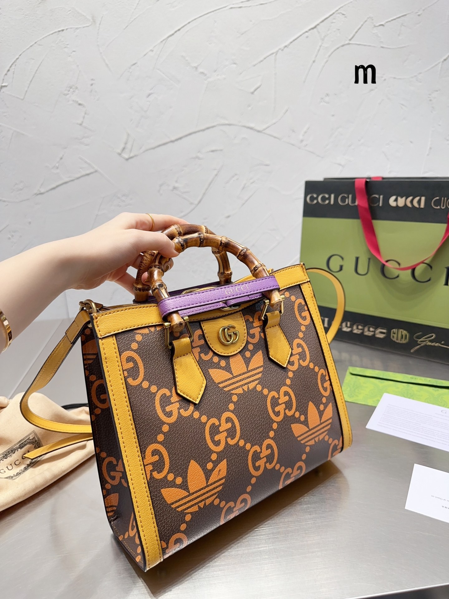 GG X ADIDAS GG DIANA BAMBOO MEDIUM TOTE 27CM BROWN AND YELLOW 678842 AAA8Z 2559