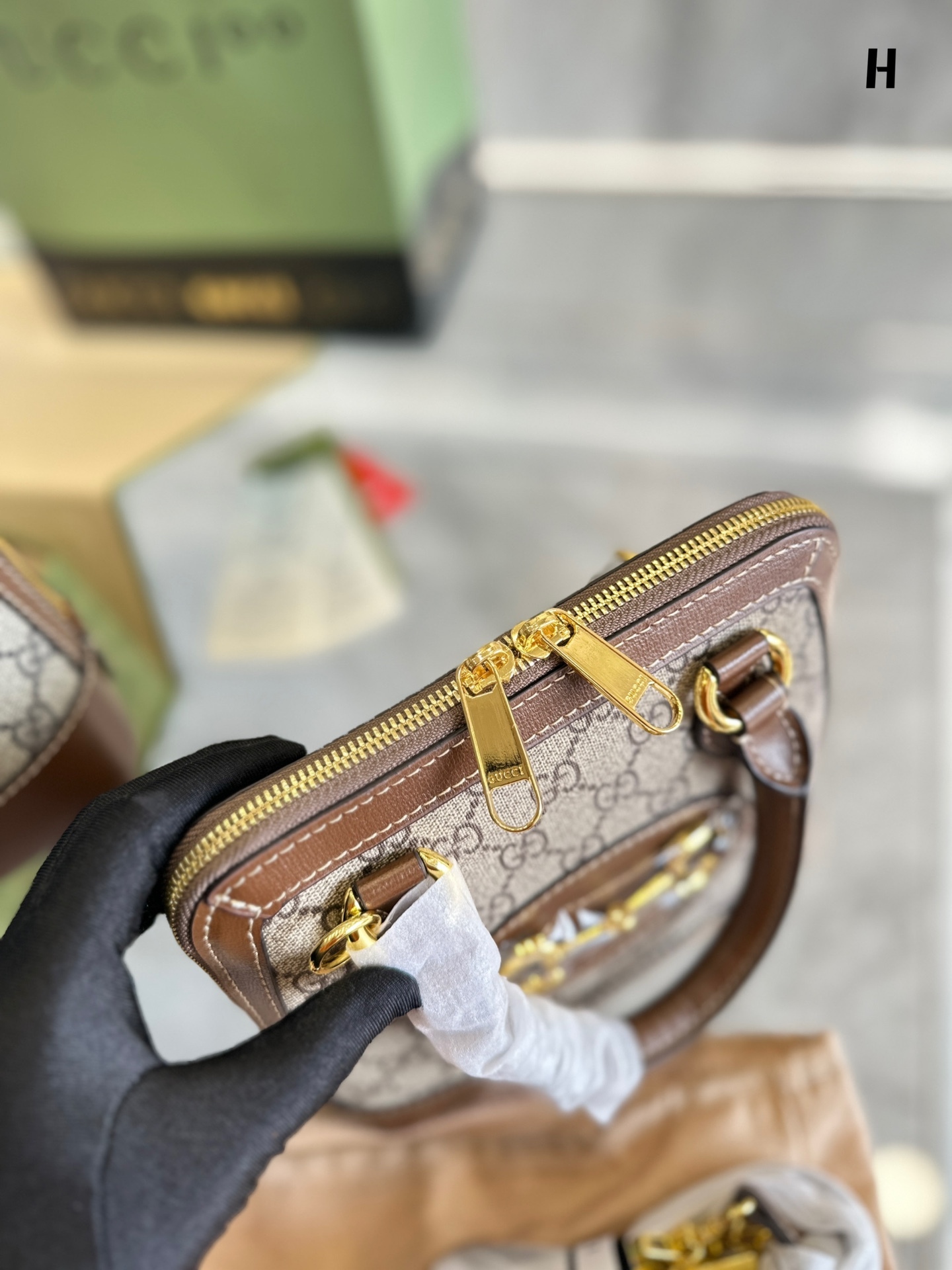 GG HORSEBIT 1955 TOP HANDLE BAG BEIGE AND EBONY 25CM 640716 92TCG 8563