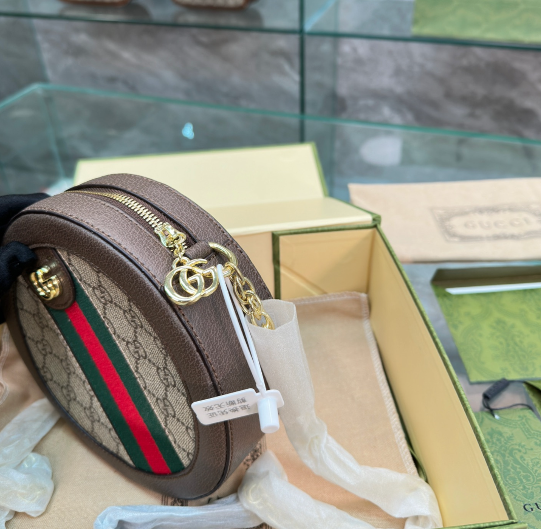 GG OPHIDIA MINI GG ROUND BAG BEIGE AND BROWN 20CM