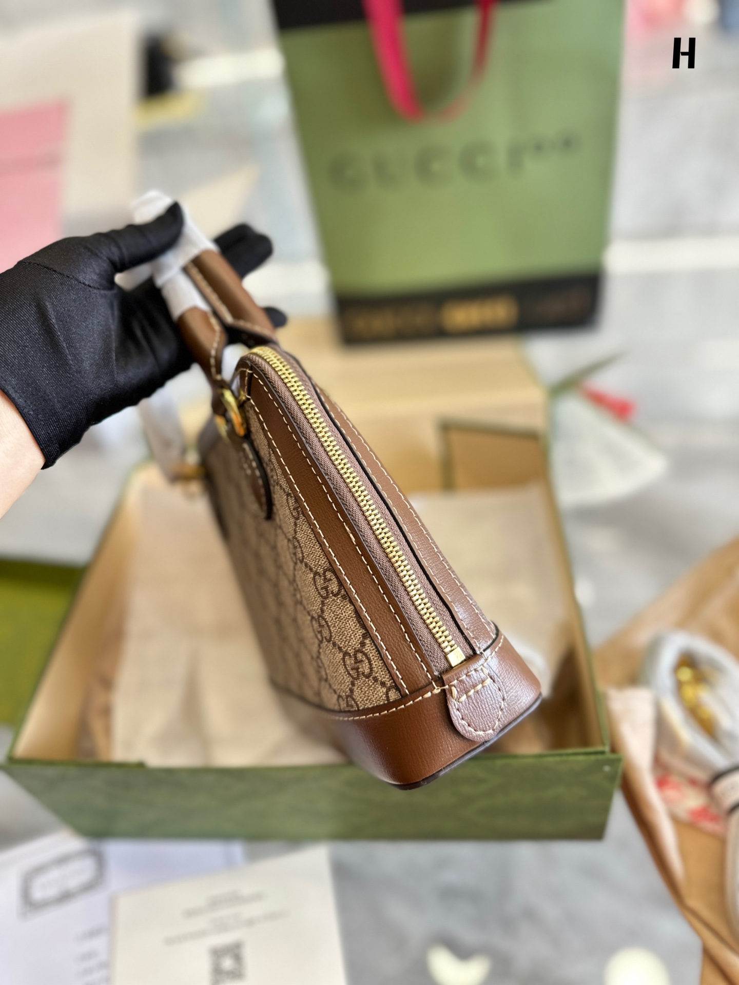 GG HORSEBIT 1955 TOP HANDLE BAG BEIGE AND EBONY 25CM 640716 92TCG 8563