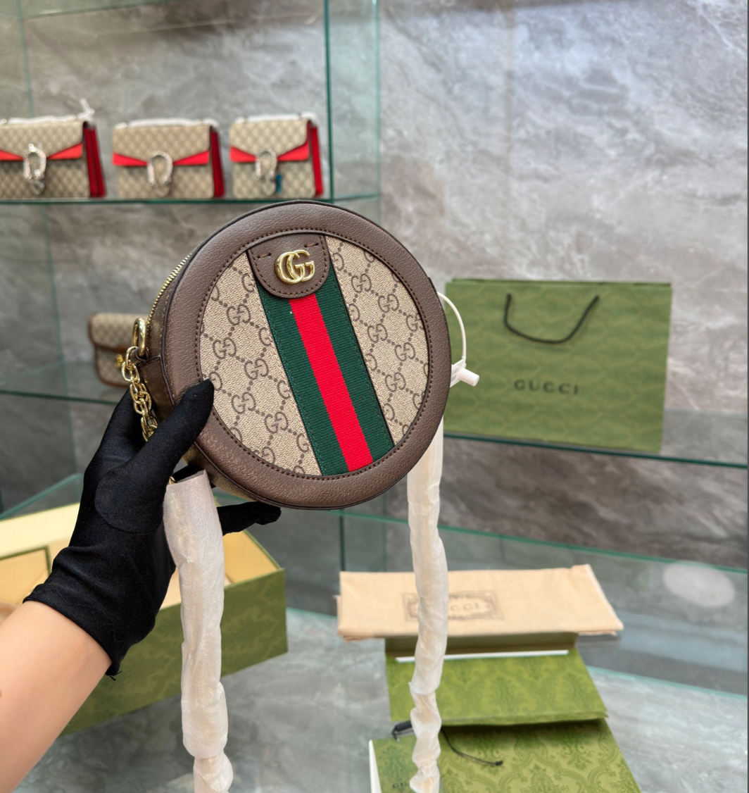GG OPHIDIA MINI GG ROUND BAG BEIGE AND BROWN 20CM