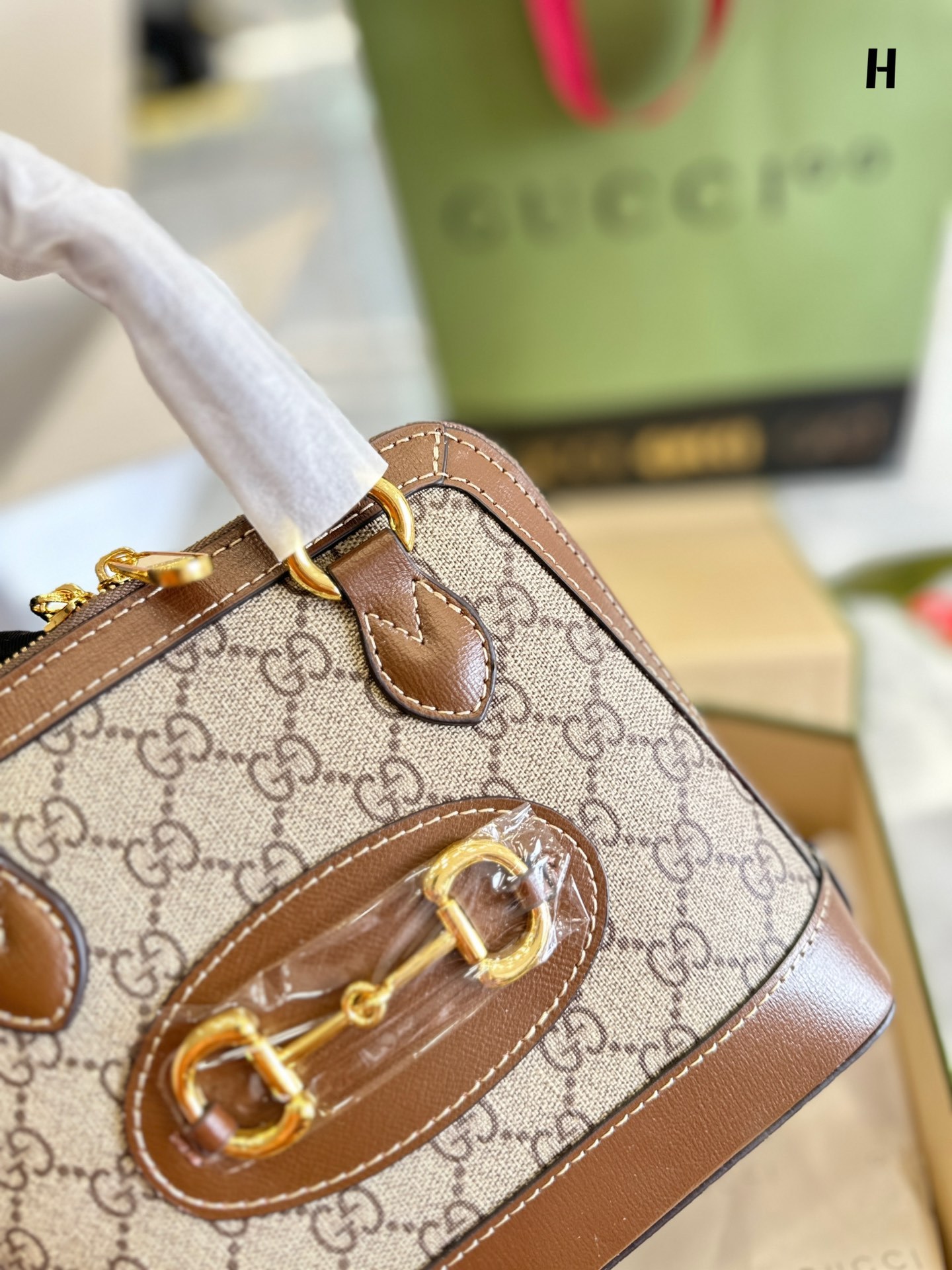 GG HORSEBIT 1955 TOP HANDLE BAG BEIGE AND EBONY 25CM 640716 92TCG 8563